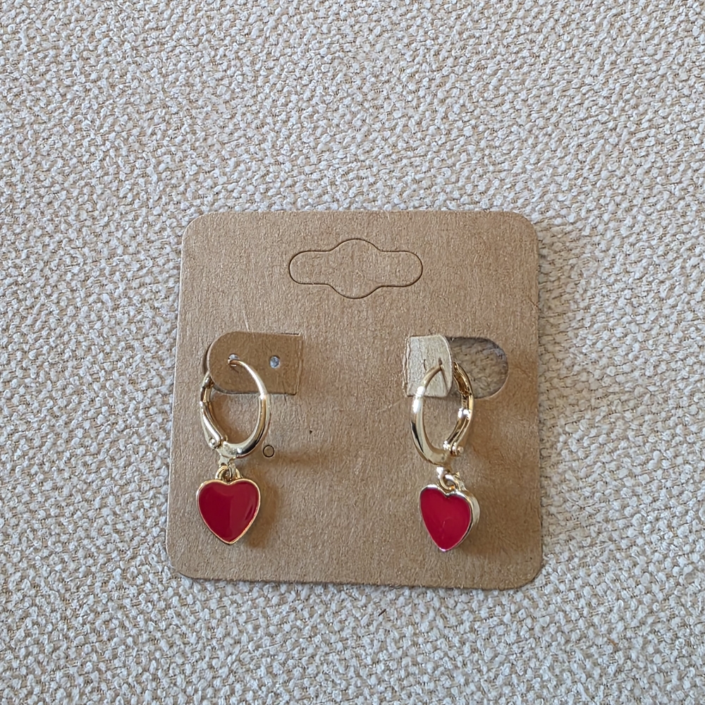 Gold Tone Heart Charm Huggie Earrings Red Enamel Dainty Hoop